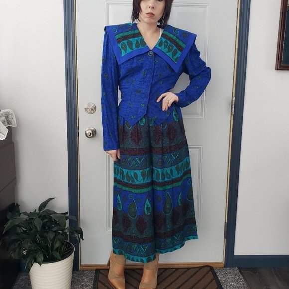 70s/80s Blue and Green Paisley Pants Set - Picture 1 of 6